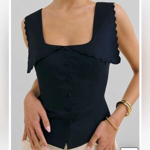 Reformation Navy Juliane Square Neck Stretch Cotton Button-Up Shirt